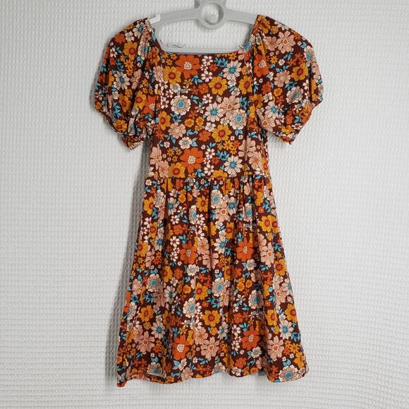 Rare Editions Dress Girls XS 4 Brown Floral Smocked Puff Sleeve Square Neck Fall - Picture 1 of 12